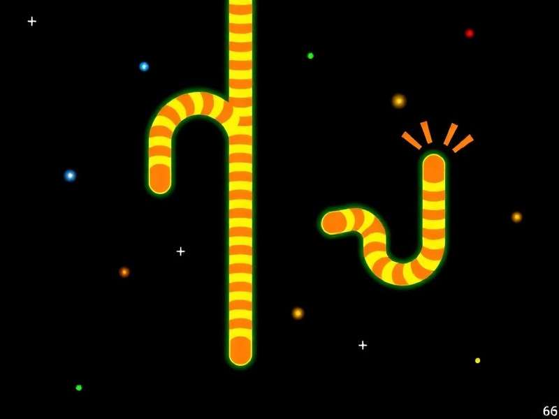 Gameplay screenshot of Slither Io Unblocked 66 showing vibrant snakes on a colorful dot field